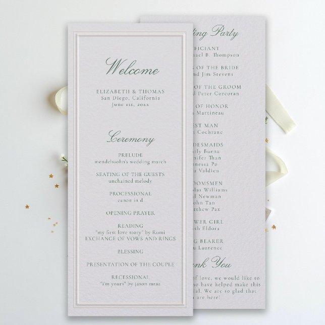 Programa de Casamento Formal Clássico Verde Marfim (modern classic wedding program forest green type double frame formal traditional stately ivory)