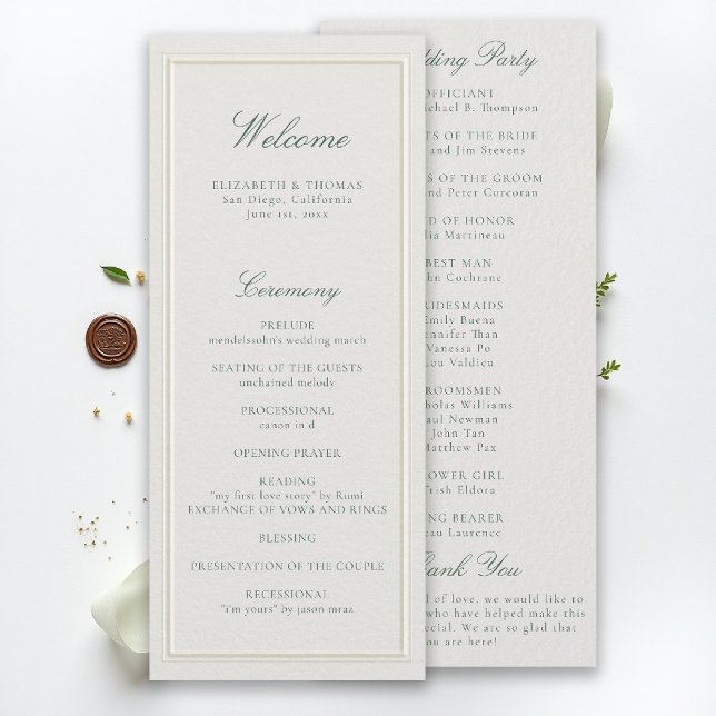 Programa de Casamento Formal Clássico Verde Quadro (modern classic wedding program forest green type double frame formal traditional stately ecru)
