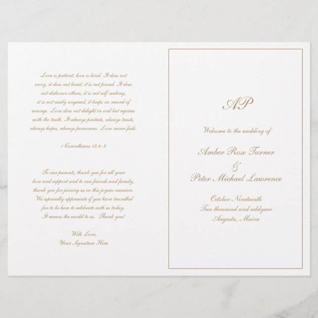 Programa de Casamento Formal Dourado com Monograma (Frente)