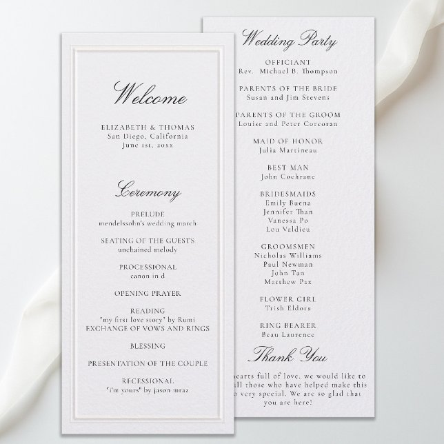 Programa de Casamento Formal Moderno Clássico com  (modern classic wedding program pearl double frame elevated formal traditional calligraphy stately)