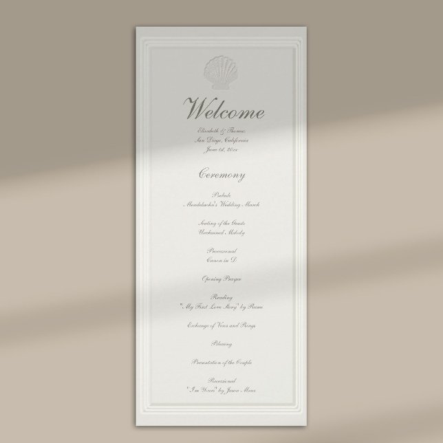 Programa de Casamento Formal Náutico de Conchas Ma (modern classic wedding program coastal nautical shell ecru script formal traditional elegant)