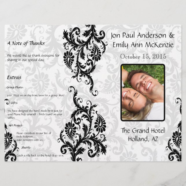 Programa de Casamento Foto Preto Damask (Frente)