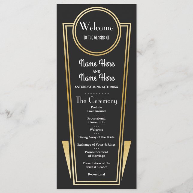 Programa de Casamento Gatsby Black & Gold Art Deco (Frente)