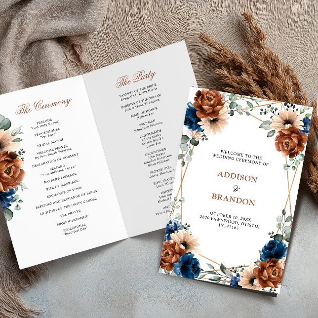 Programa de Casamento Geométrico Azul-Marinho Terr (Terracotta Navy Blue Geometric folded Wedding Program)