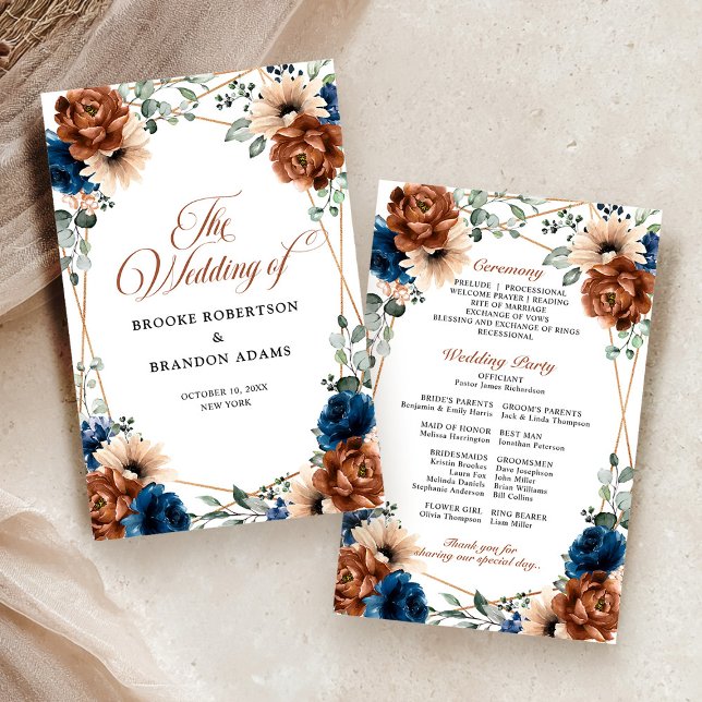 Programa de Casamento Geométrico Azul-Marinho Terr (Terracotta Navy Blue Geometric Wedding Program)