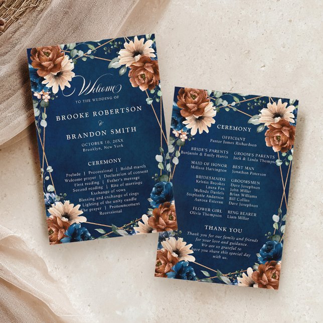 Programa de Casamento Geométrico Azul-Marinho Terr (Terracotta Navy Blue Geometric floral budget Wedding Program)