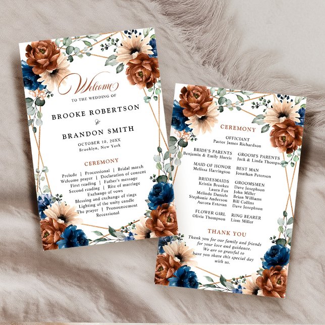 Programa de Casamento Geométrico Azul Naval Terrac (Terracotta Navy Blue Geometric Wedding Program)