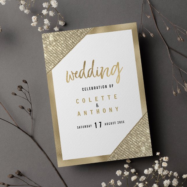 Programa de Casamento glamour com brilho geométric (Geometric white gold glitter glam Wedding Program)