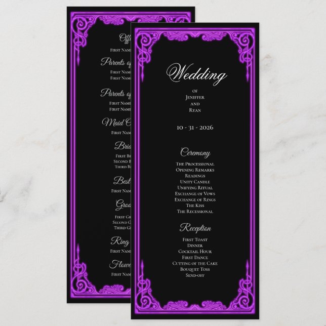 Programa de Casamento Gótico com Brilho Roxo Mágic (Frente/Verso)