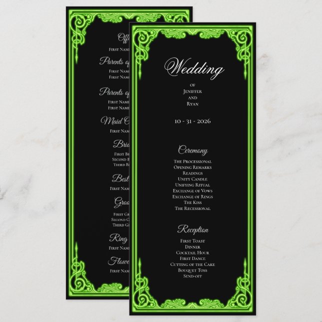 Programa de Casamento Gótico com Brilho Verde Mági (Frente/Verso)