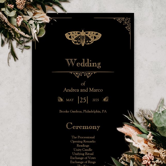 Programa de Casamento Gótico Elegante da Moth Vito (Gothic Moth Tattoo Wedding Program)