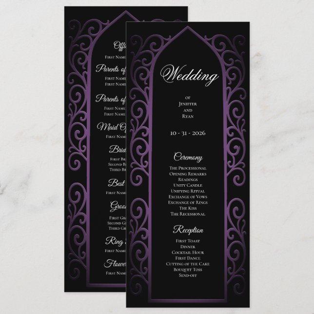 Programa de Casamento Gótico Preto e Roxo Ornament (Frente/Verso)