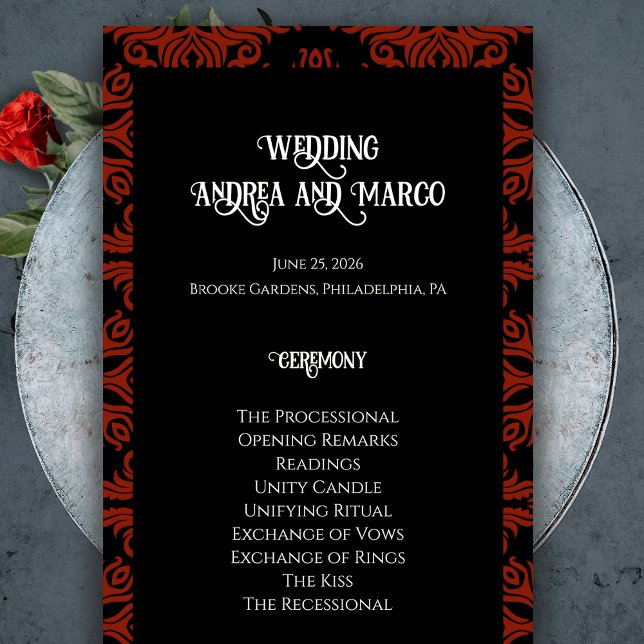 Programa de Casamento Gótico Preto e Vermelho Flor (Black and Red Floral Gothic Dark Wedding Program)