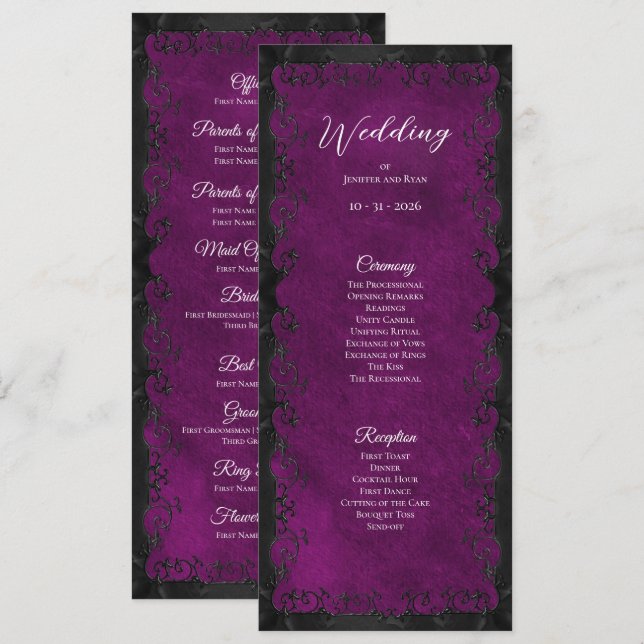 Programa de Casamento Gótico Roxo Elegante (Frente/Verso)