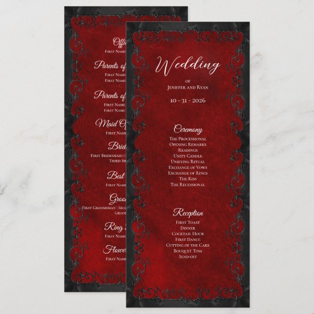Programa de Casamento Gótico Vermelho Elegante (Frente/Verso)