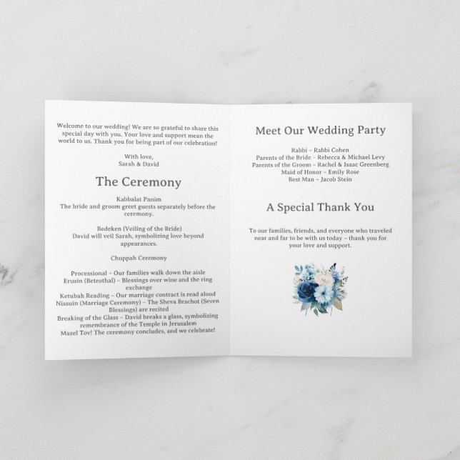 Programa de Casamento Judaico Floral Azul (Interior)