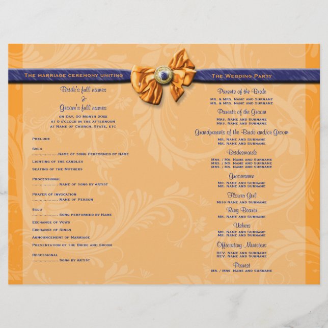 Programa de casamento laranja azul PERSONALIZAR (Frente)