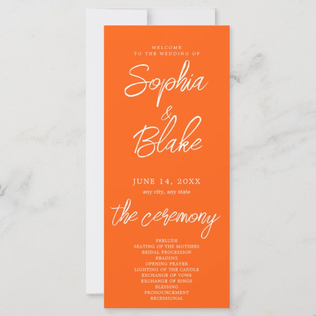 Programa de Casamento Laranja Vibrante Minimalista (Frente)