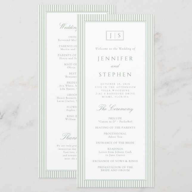 Programa de Casamento Listrado em Verde Sage (Frente/Verso)