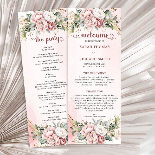 Programa de Casamento Luxuoso em Rosa Poeirento co (Luxury Dusty Pink Floral Greenery Wedding Program)