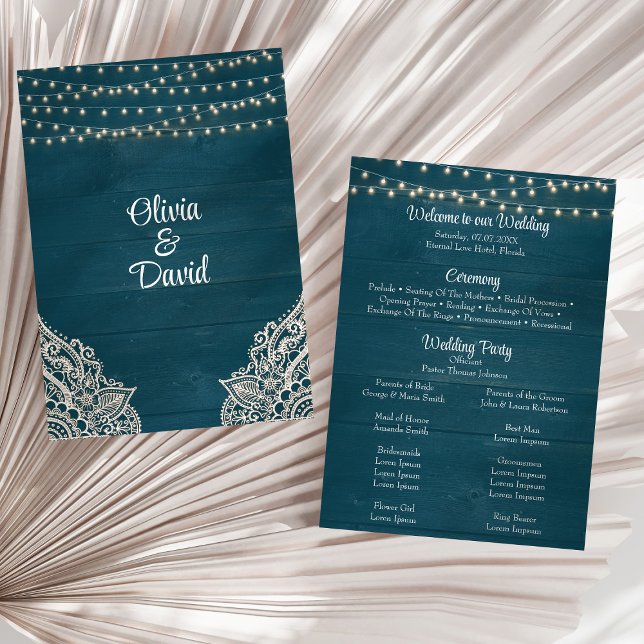 Programa de Casamento Luz de Cordas de Madeira Rús (Dark Teal Rustic Wood String Light Wedding Program on a sunny white dry palm leaf.)