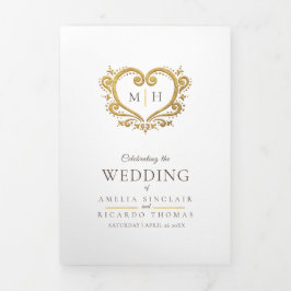 Programa de casamento marrom com foto de monograma