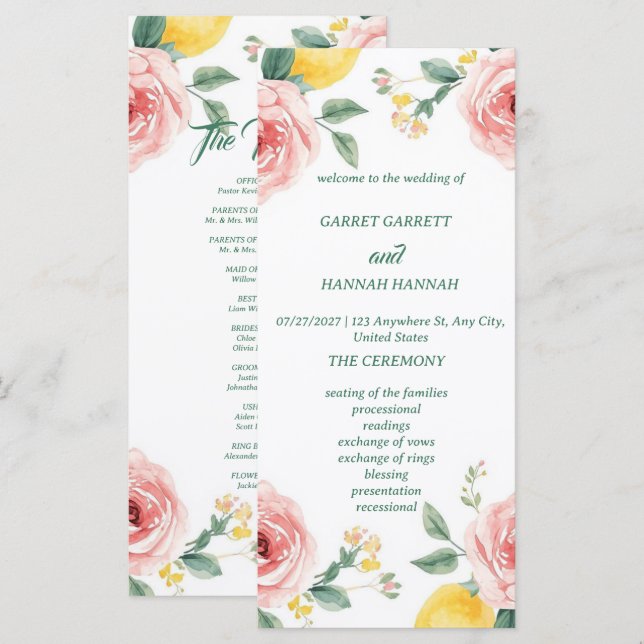 Programa de Casamento Mediterrâneo Rosa Corada & L (Frente/Verso)