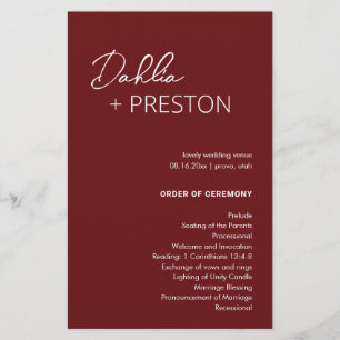 Programa de Casamento Minimalista Burgundy Moderno