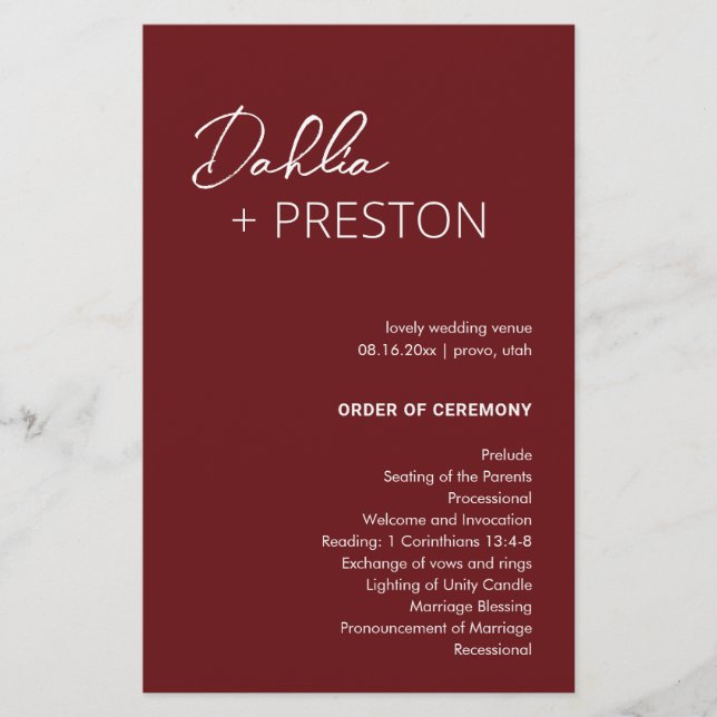 Programa de Casamento Minimalista Burgundy Moderno (Frente)