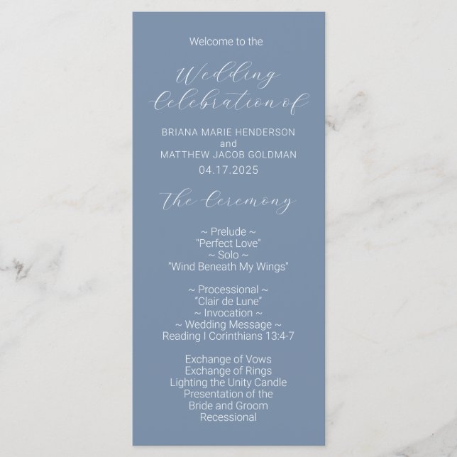Programa de Casamento Minimalista em Azul Poeirent (Frente)