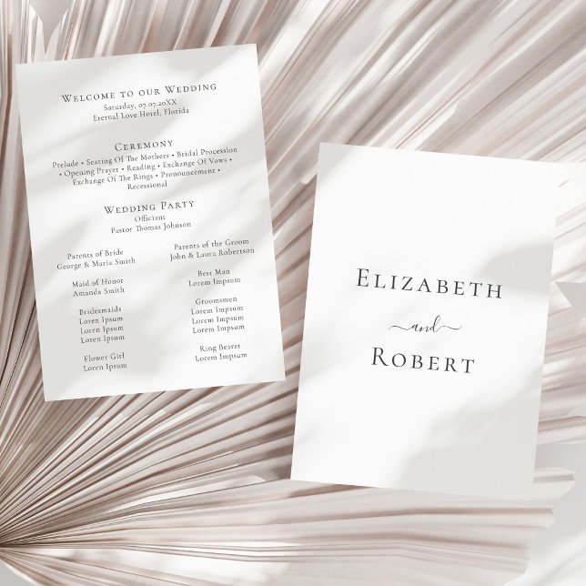 Programa de Casamento Minimalista Moderno Preto e  (Modern Minimalist Black and White Wedding Program on a sunny neutral dry palm leaf.)