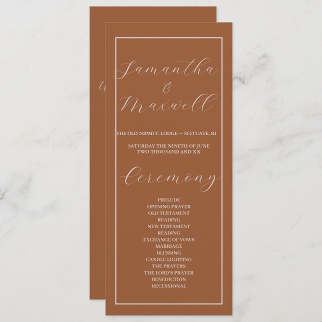 Programa de Casamento Mínimo de Teracotta Queimada (Frente/Verso)