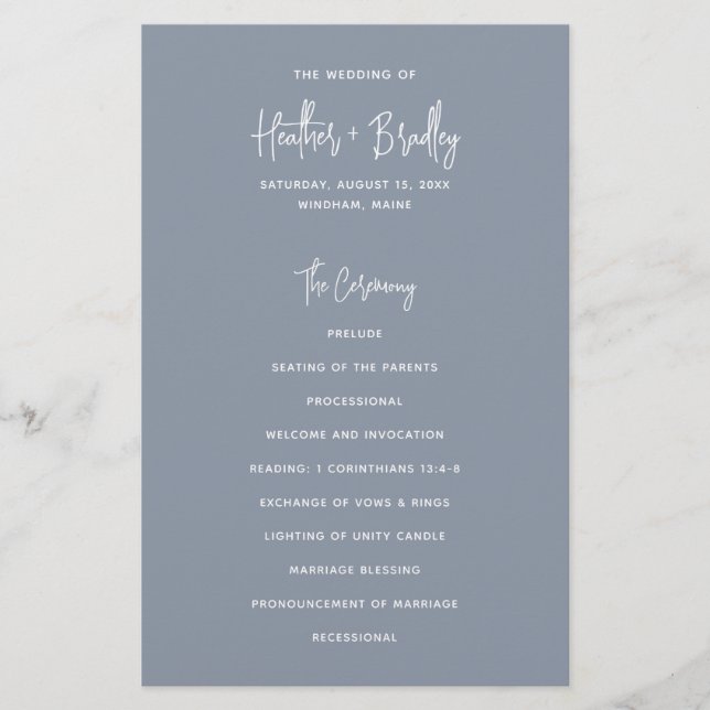 Programa de Casamento Moderno Azul Empoeirado Mini (Frente)