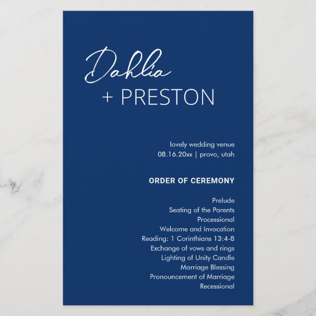 Programa de Casamento Moderno Azul Marinho Minimal (Frente)