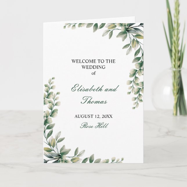 Programa de casamento moderno com folhas de eucali (Frente)