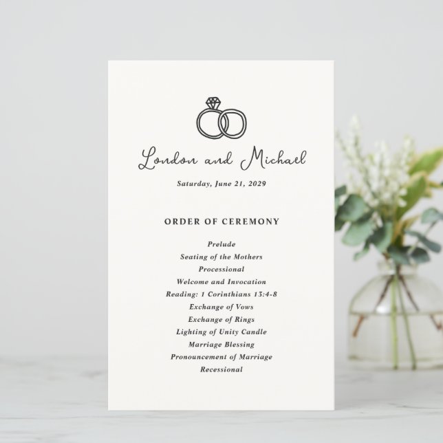 Programa de Casamento Moderno Desenho à Mão Argola (Em pé/Frente)