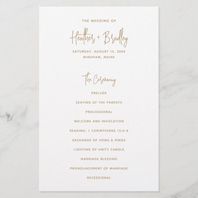 Programa de Casamento Moderno Dourado Minimalista (Frente)