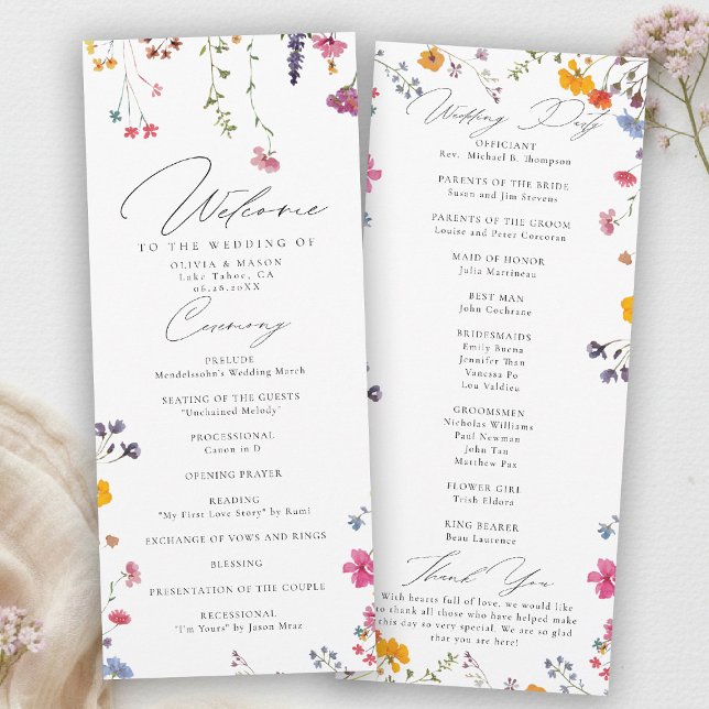 Programa de Casamento Moderno e Elegante para Jard (wildflower wedding program watercolor garden backyard barn summer spring elegant stylish romantic)