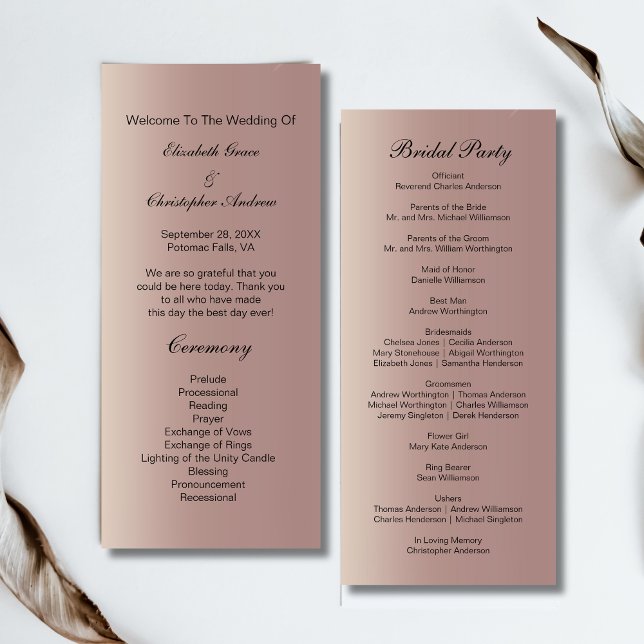 Programa de Casamento Moderno e Elegante Rosa Dour (Rose Gold Pink Modern Trendy Wedding Program Cards)