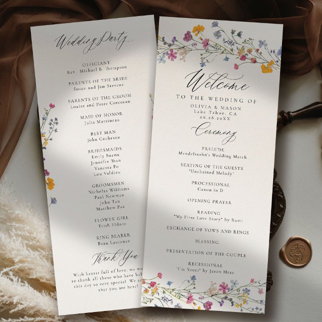 Programa de Casamento Moderno e Elegante Wildflowe (wildflower wedding theme program romantic colorful watercolor pastel floral timeless classic)