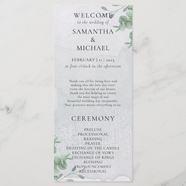 Programa de casamento moderno minimalista de eucal (Frente)