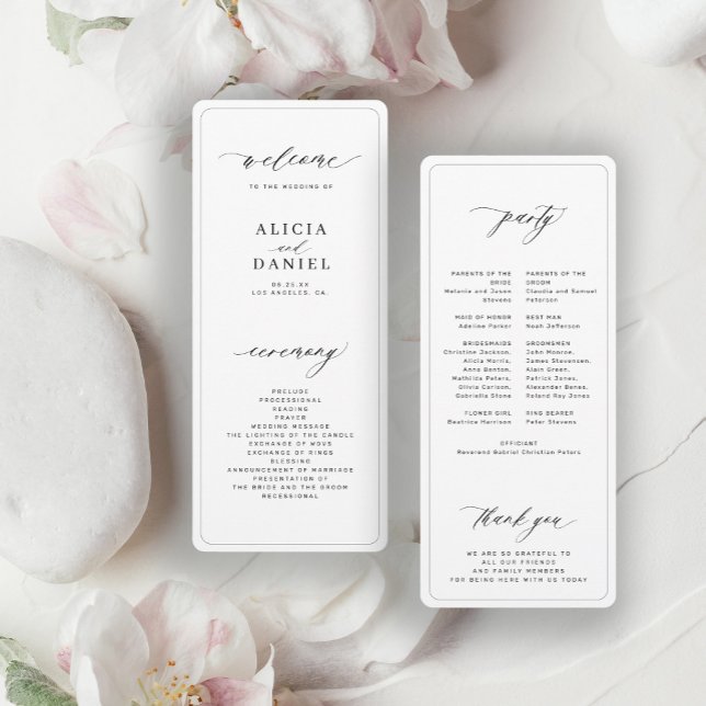 Programa de casamento moderno minimalista preto e  (Criador carregado)