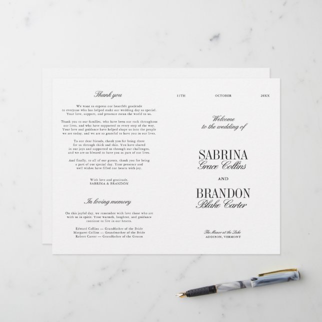 Programa de Casamento Moderno Preto e Branco Cláss (Frente/Verso In Situ)