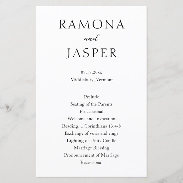 Programa de Casamento Moderno Simples Negro e Bran (Frente)