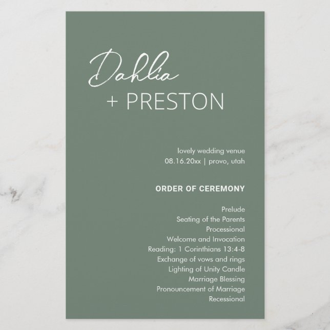 Programa de Casamento Moderno Verde Sage Minimalis (Frente)
