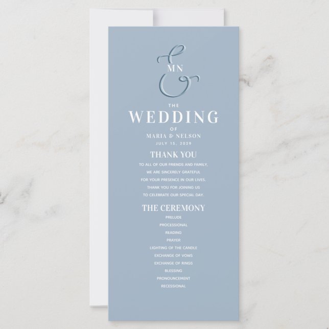 Programa de Casamento Monograma Azul Poeira (Frente)