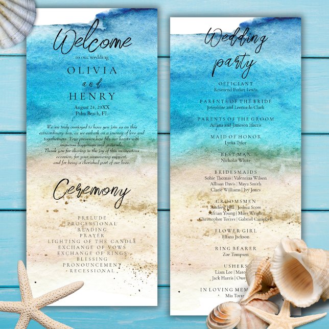 Programa de Casamento na Praia com Aquarela Azul (Criador carregado)