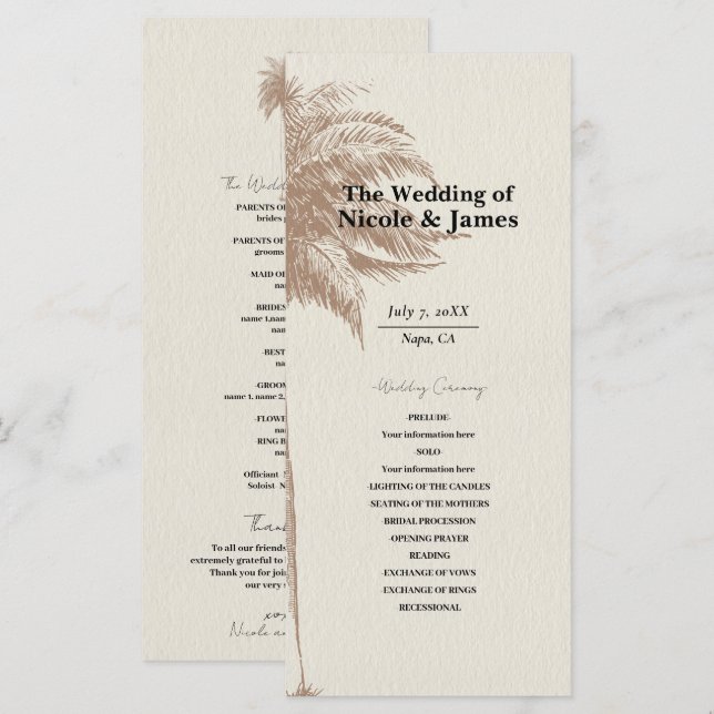 Programa de Casamento na Praia com Palmeira Marrom (Frente/Verso)