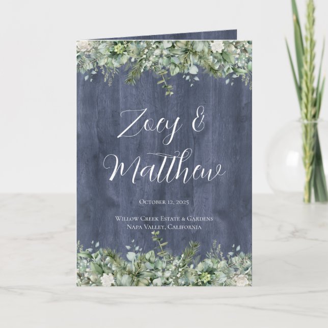 Programa de Casamento Navy Wood Eucalyptus | Rústi (Frente)