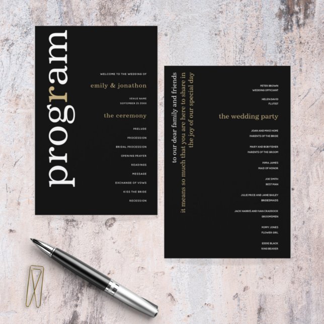 Programa de Casamento Negro Dourado Texto Branco (Criador carregado)